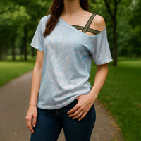 Polynesian Tiare Monstera Baby Blue Cross Shoulder Shirt Liquid Style - Polynesian Pride