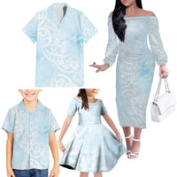 Polynesian Tiare Monstera Baby Blue Family Matching Off The Shoulder Long Sleeve Dress and Hawaiian Shirt Liquid Style - Polynesian Pride