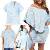 Polynesian Tiare Monstera Baby Blue Family Matching Off Shoulder Short Dress and Hawaiian Shirt Liquid Style - Polynesian Pride