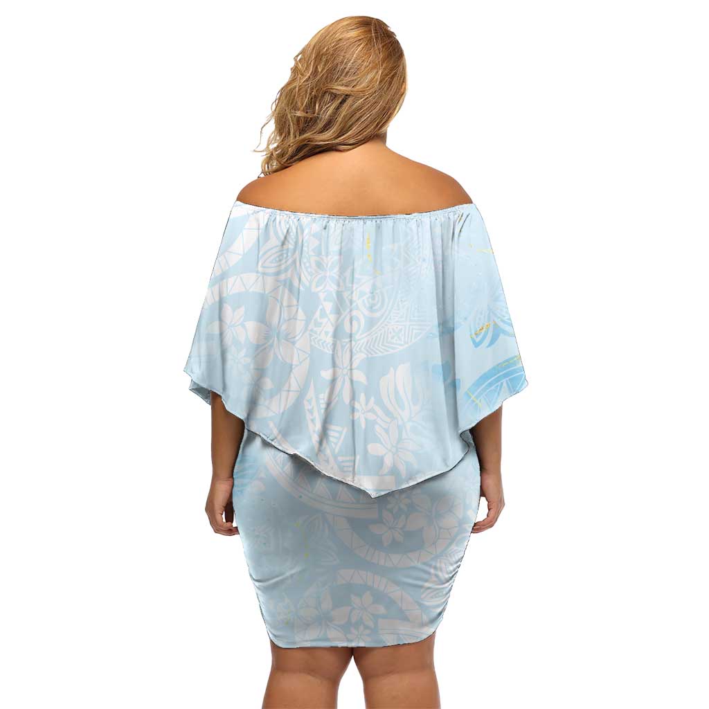 Polynesian Tiare Monstera Baby Blue Family Matching Off Shoulder Short Dress and Hawaiian Shirt Liquid Style - Polynesian Pride