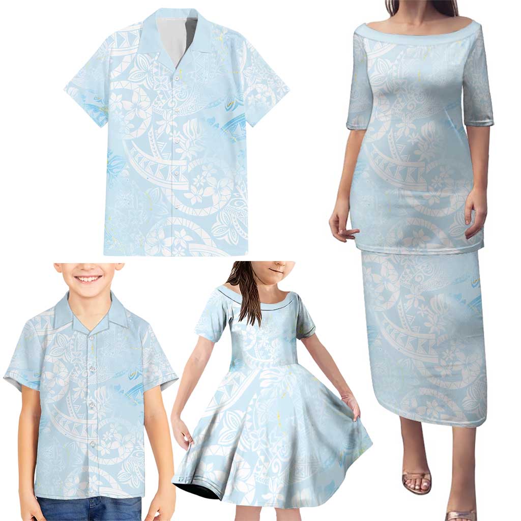 Polynesian Tiare Monstera Baby Blue Family Matching Puletasi and Hawaiian Shirt Liquid Style - Polynesian Pride