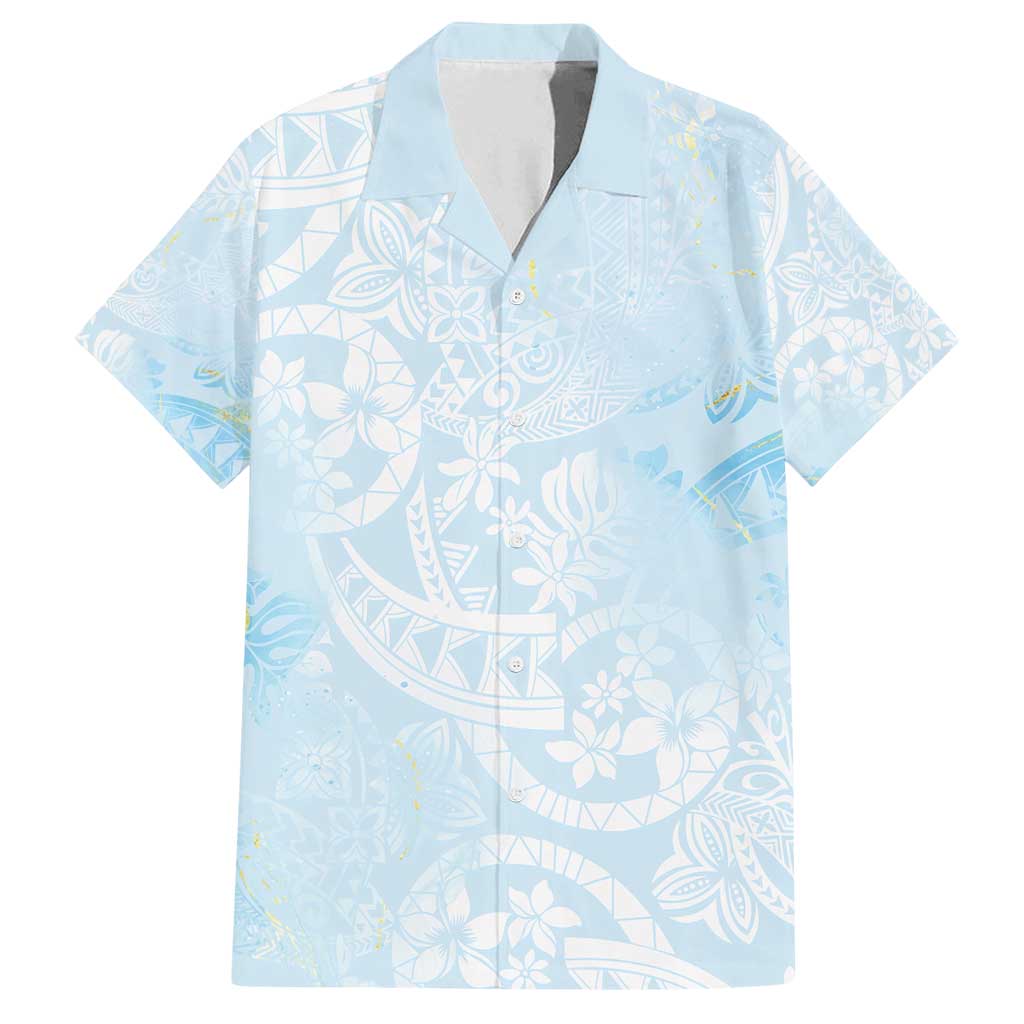Polynesian Tiare Monstera Baby Blue Family Matching Tank Maxi Dress and Hawaiian Shirt Liquid Style - Polynesian Pride