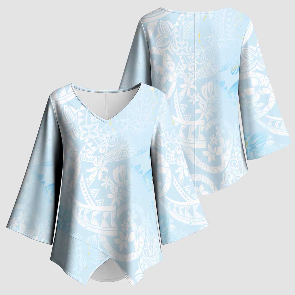 Polynesian Tiare Monstera Baby Blue Kimono Sleeve Blouse Liquid Style - Polynesian Pride