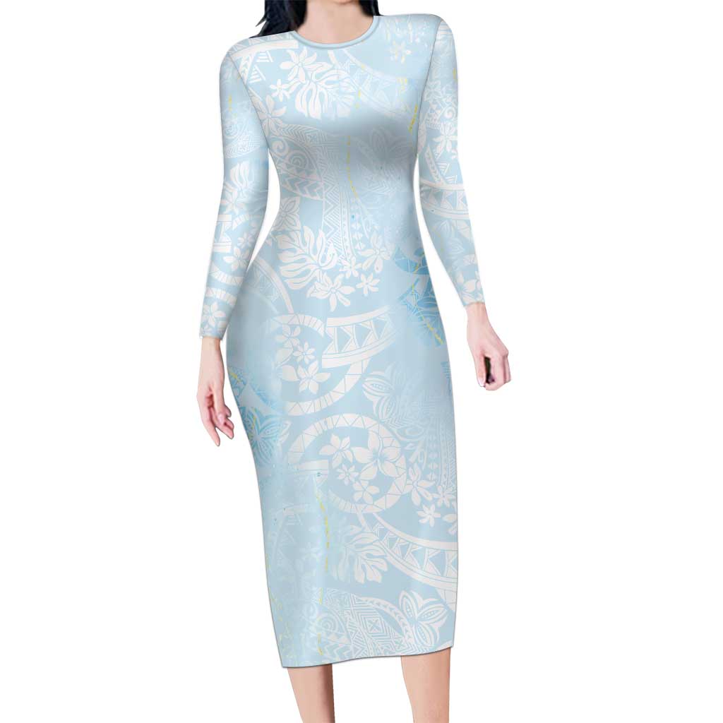 Polynesian Tiare Monstera Baby Blue Long Sleeve Bodycon Dress Liquid Style LT01 Long Dress Blue - Polynesian Pride