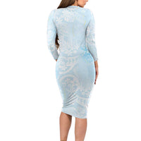 Polynesian Tiare Monstera Baby Blue Long Sleeve Bodycon Dress Liquid Style LT01 - Polynesian Pride