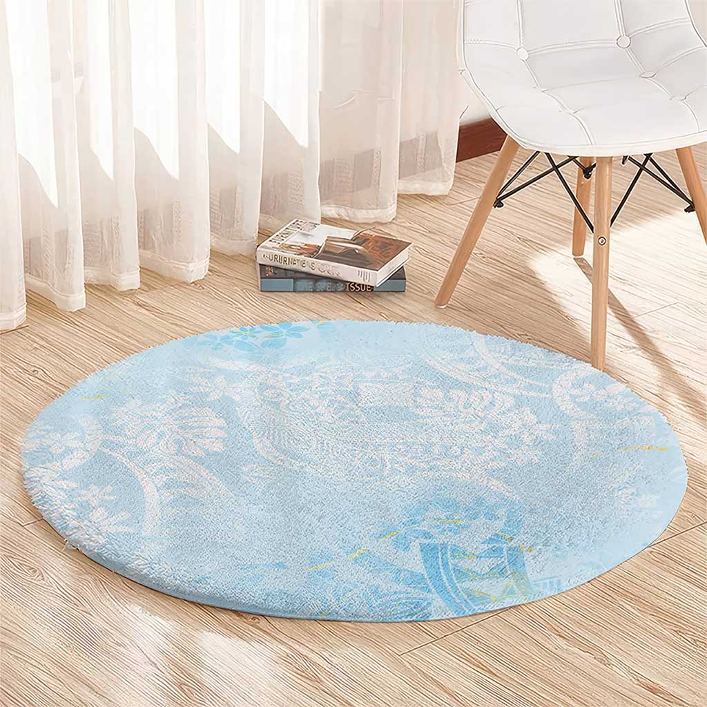 Polynesian Tiare Monstera Baby Blue Round Carpet Liquid Style - Polynesian Pride
