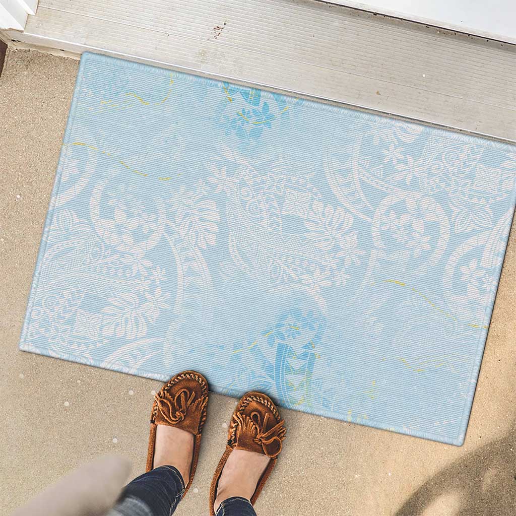 Polynesian Tiare Monstera Baby Blue Rubber Doormat Liquid Style - Polynesian Pride