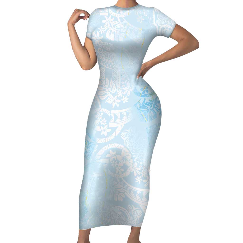 Polynesian Tiare Monstera Baby Blue Short Sleeve Bodycon Dress Liquid Style - Polynesian Pride