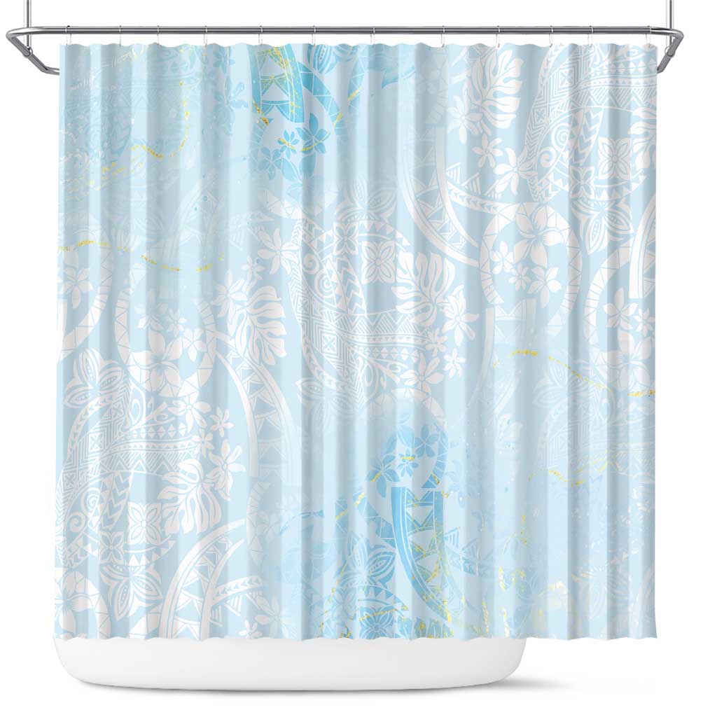 Polynesian Tiare Monstera Baby Blue Shower Curtain Liquid Style - Polynesian Pride