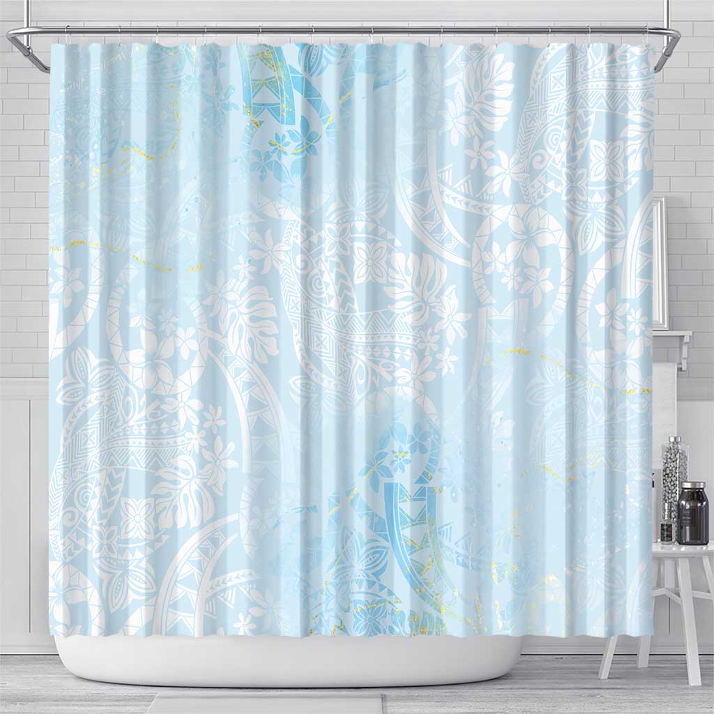Polynesian Tiare Monstera Baby Blue Shower Curtain Liquid Style - Polynesian Pride