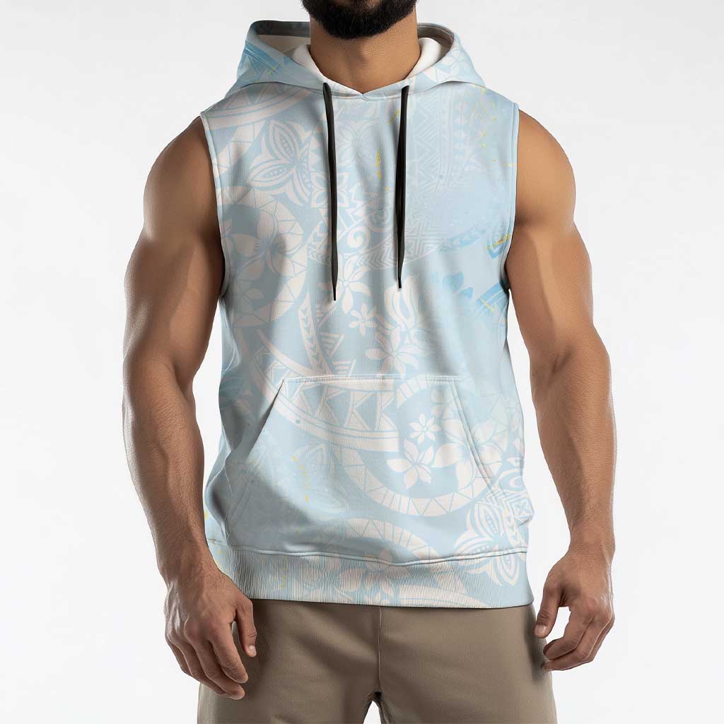 Polynesian Tiare Monstera Baby Blue Sleeveless Hoodie Liquid Style - Polynesian Pride