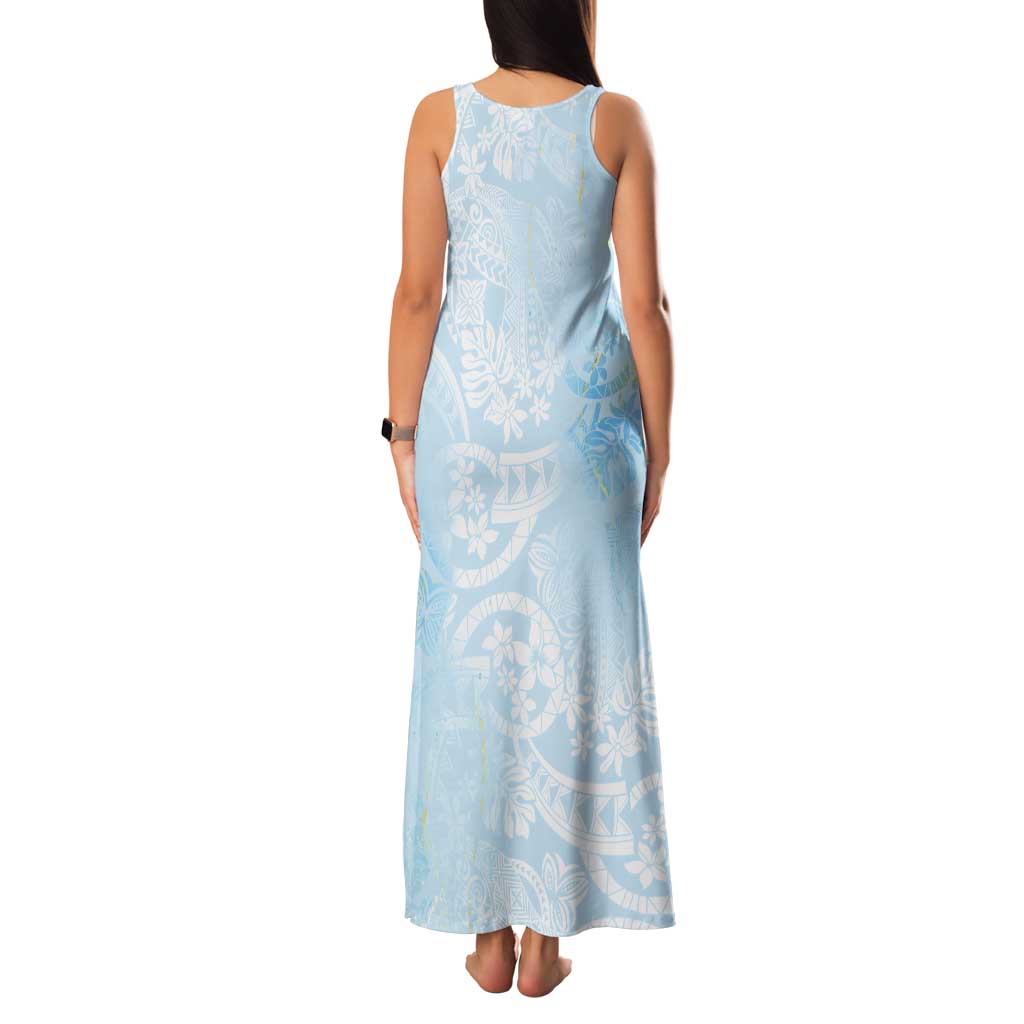 Polynesian Tiare Monstera Baby Blue Tank Maxi Dress Liquid Style - Polynesian Pride