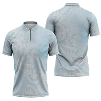 Polynesian Tiare Monstera Baby Blue Zipper Polo Shirt Liquid Style - Polynesian Pride