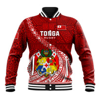 Tonga Rugby Baseball Jacket Tongan Ngatu Pattern White Version LT01 Unisex Red - Polynesian Pride