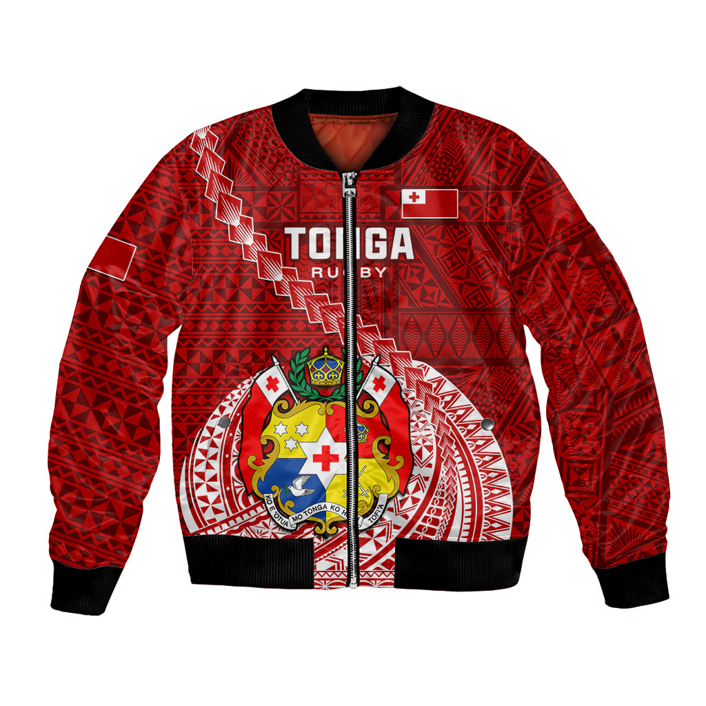 Tonga Rugby Bomber Jacket Tongan Ngatu Pattern White Version LT01 Unisex Red - Polynesian Pride