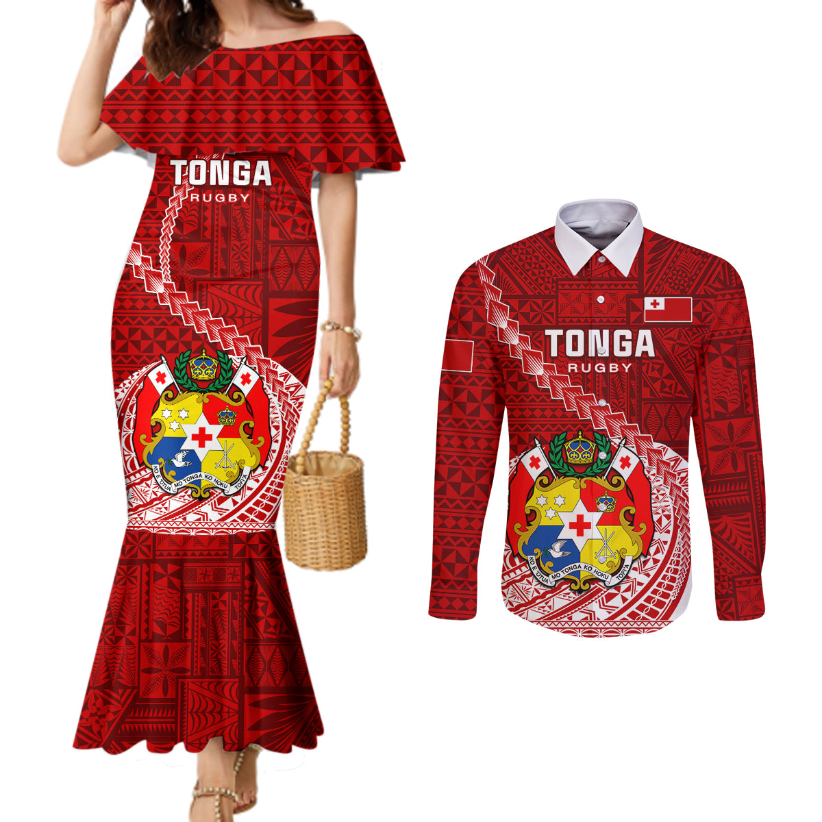 Tonga Rugby Couples Matching Mermaid Dress and Long Sleeve Button Shirts Tongan Ngatu Pattern White Version LT01 Red - Polynesian Pride