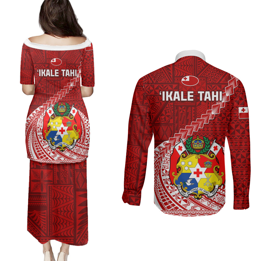 Tonga Rugby Couples Matching Puletasi Dress and Long Sleeve Button Shirts Tongan Ngatu Pattern White Version LT01 - Polynesian Pride