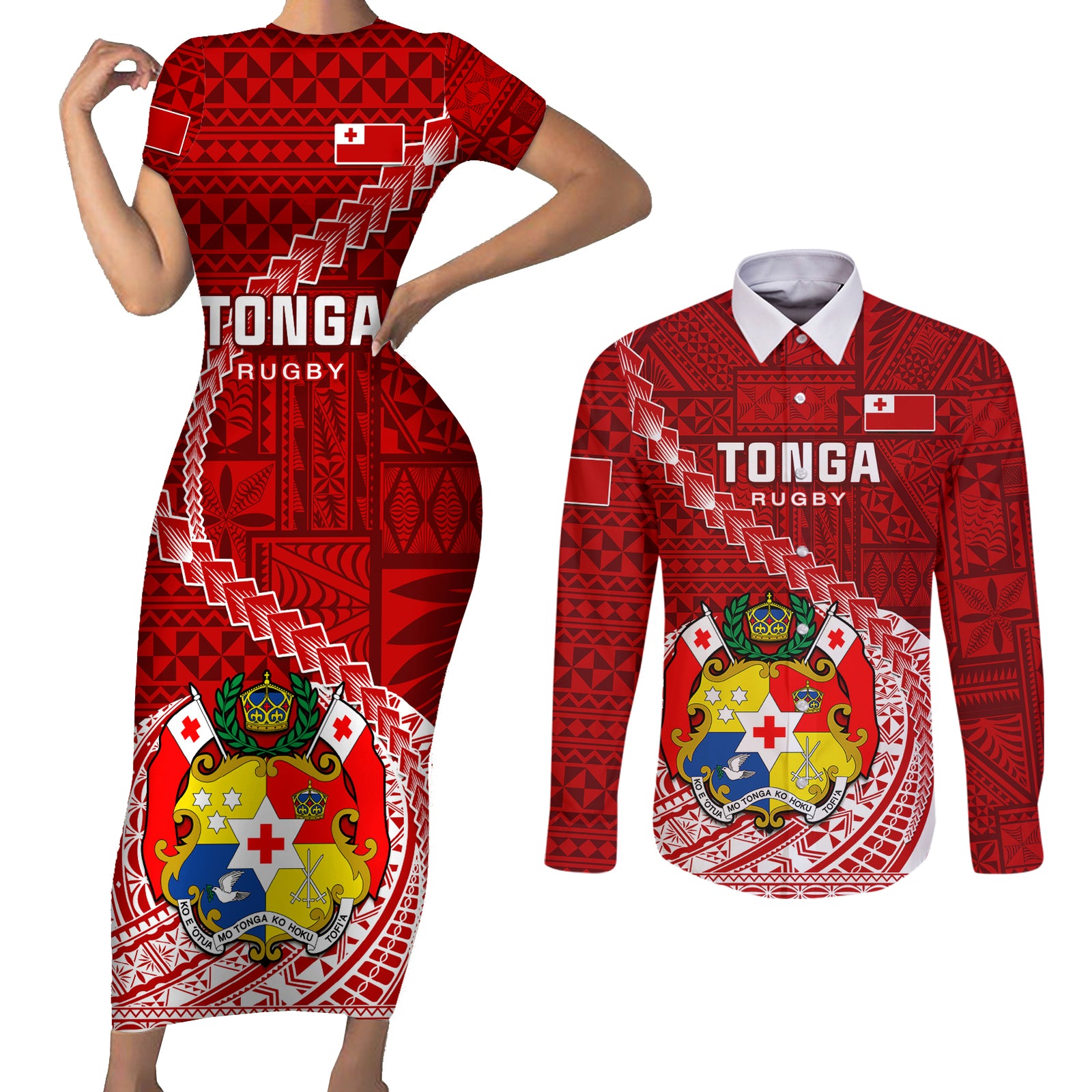 Tonga Rugby Couples Matching Short Sleeve Bodycon Dress and Long Sleeve Button Shirts Tongan Ngatu Pattern White Version LT01 Red - Polynesian Pride