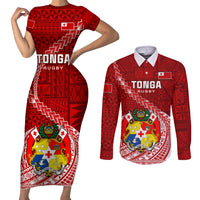 Tonga Rugby Couples Matching Short Sleeve Bodycon Dress and Long Sleeve Button Shirts Tongan Ngatu Pattern White Version LT01 Red - Polynesian Pride