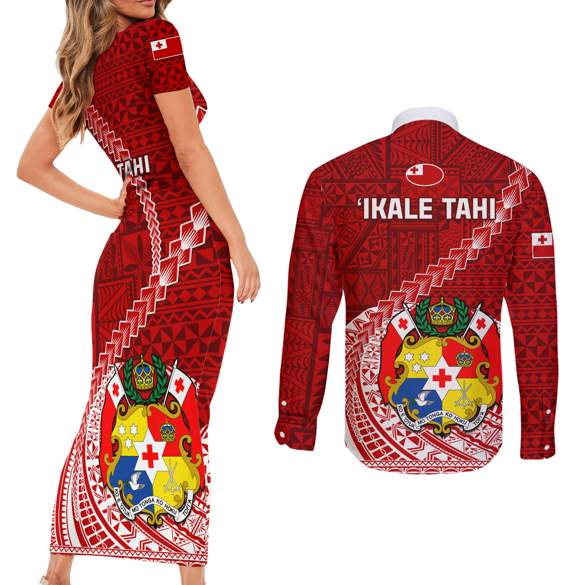 Tonga Rugby Couples Matching Short Sleeve Bodycon Dress and Long Sleeve Button Shirts Tongan Ngatu Pattern White Version LT01 - Polynesian Pride