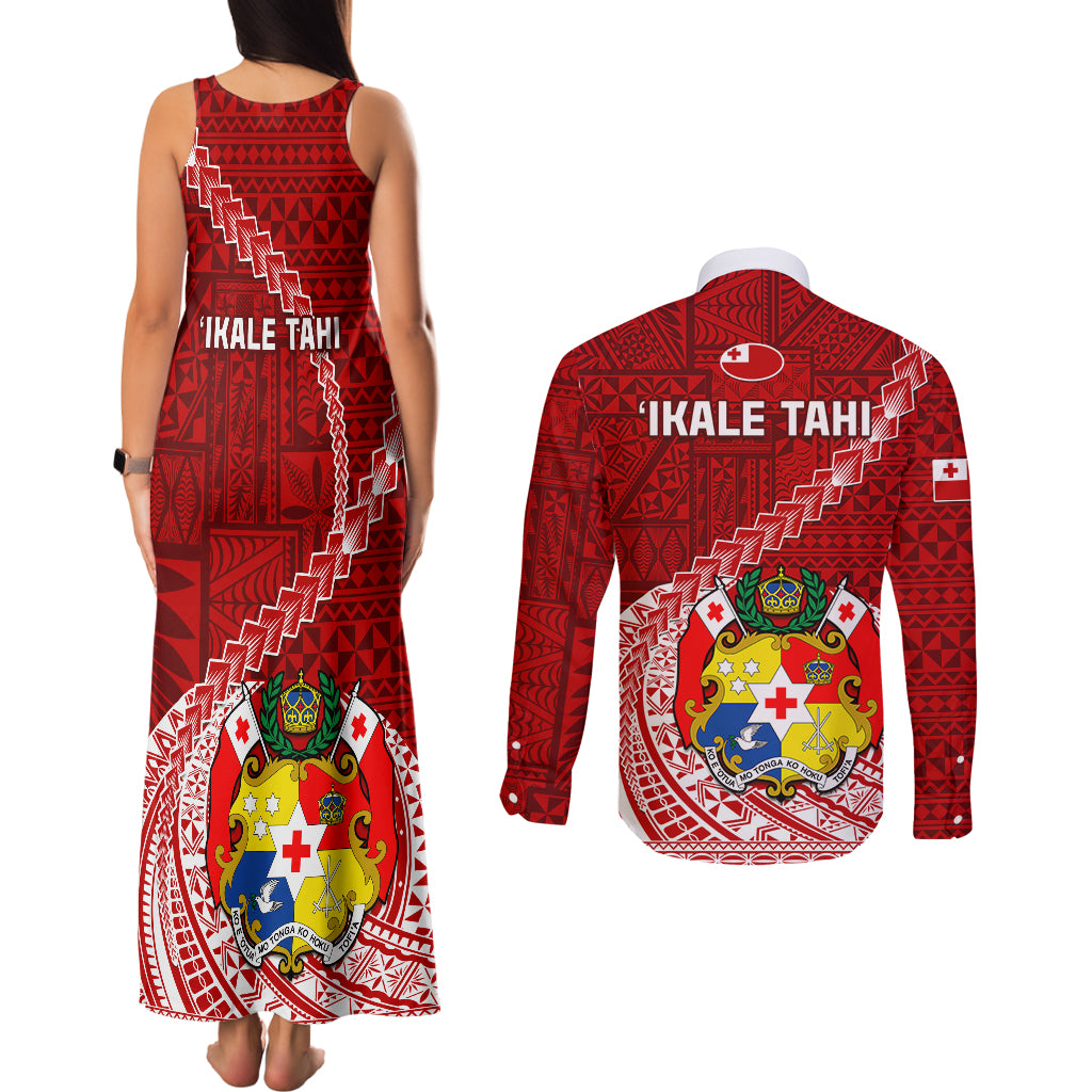 Tonga Rugby Couples Matching Tank Maxi Dress and Long Sleeve Button Shirts Tongan Ngatu Pattern White Version LT01 - Polynesian Pride