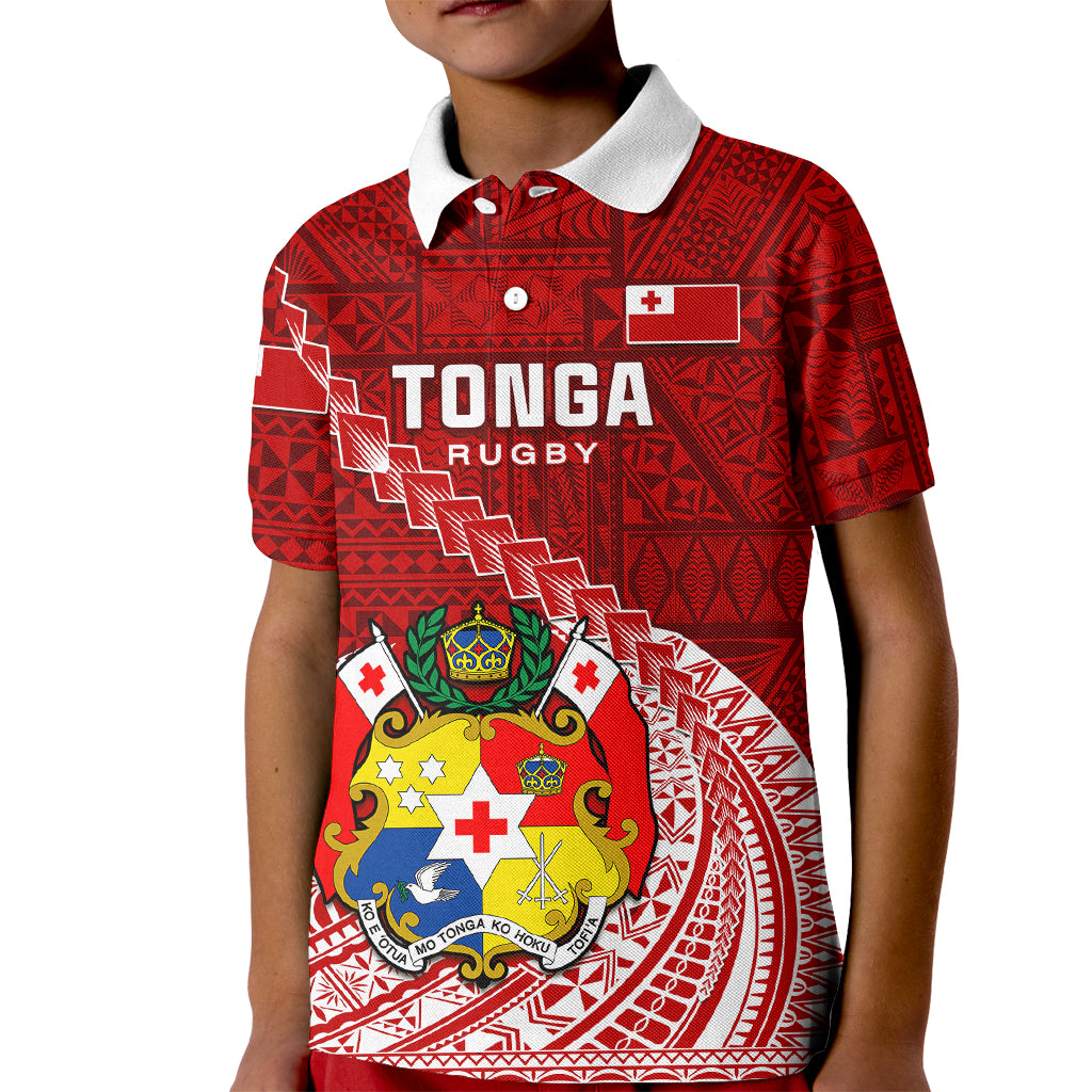 Tonga Rugby Kid Polo Shirt Tongan Ngatu Pattern White Version LT01 Kid Red - Polynesian Pride