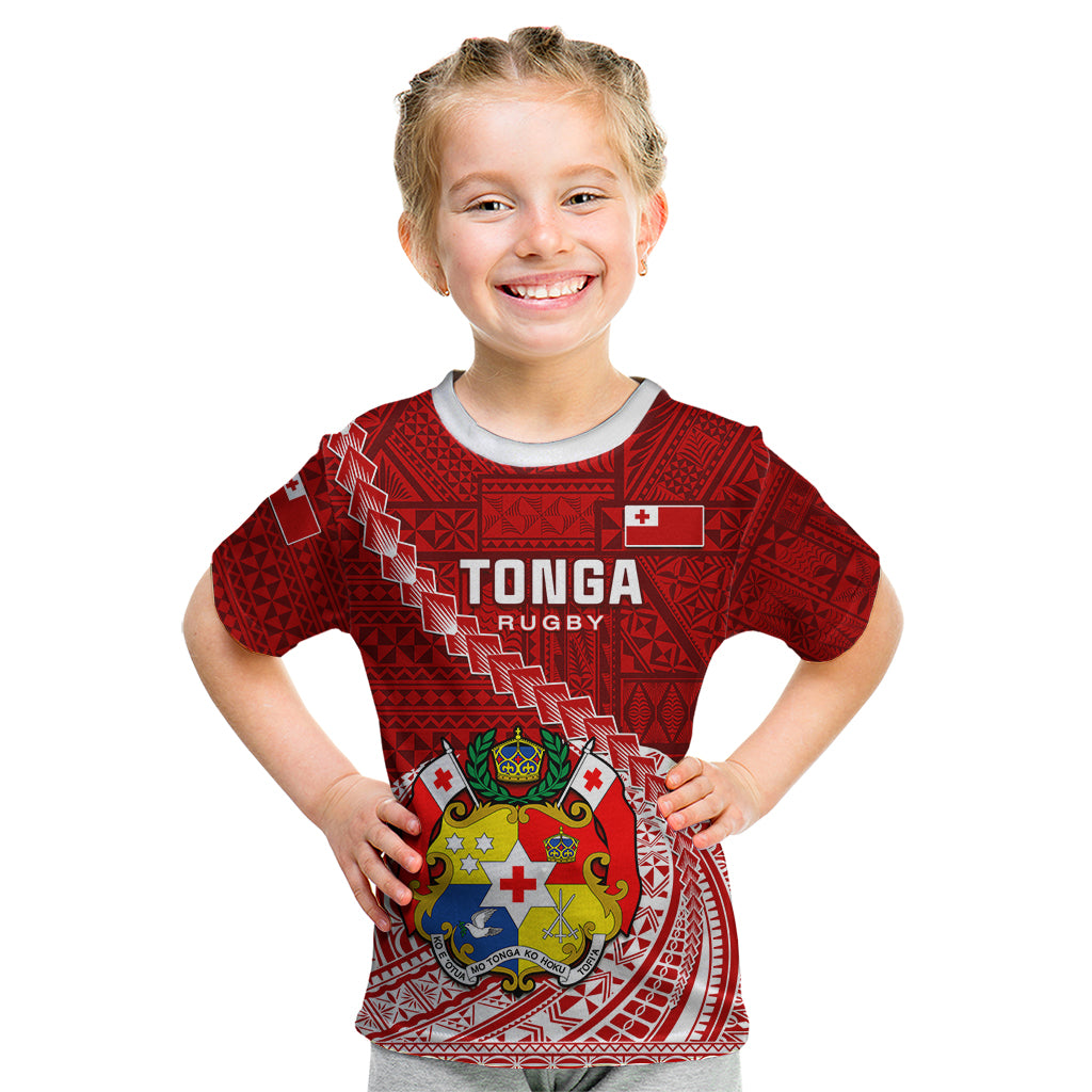 Tonga Rugby Kid T Shirt Tongan Ngatu Pattern White Version LT01 Red - Polynesian Pride