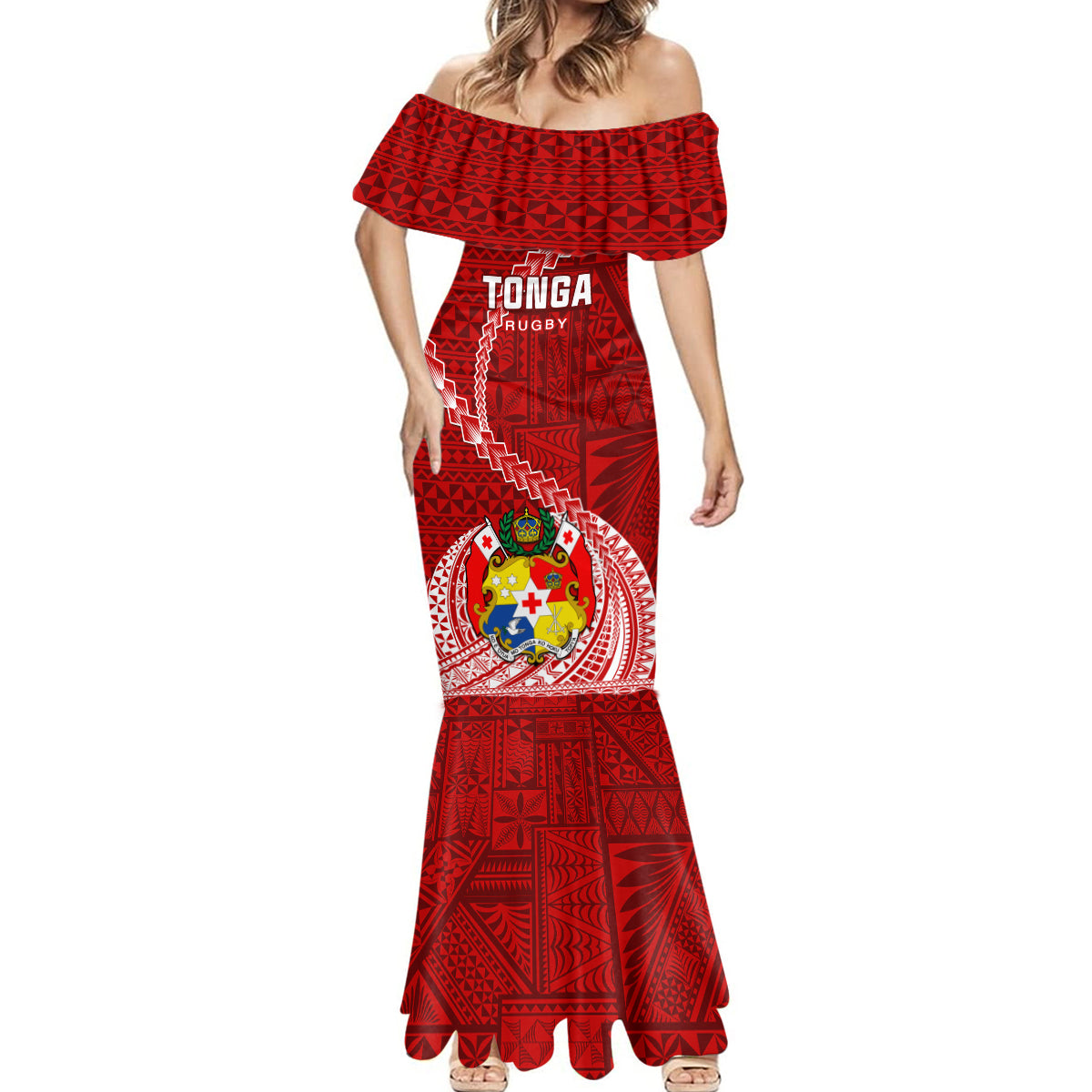 Tonga Rugby Mermaid Dress Tongan Ngatu Pattern White Version LT01 - Polynesian Pride