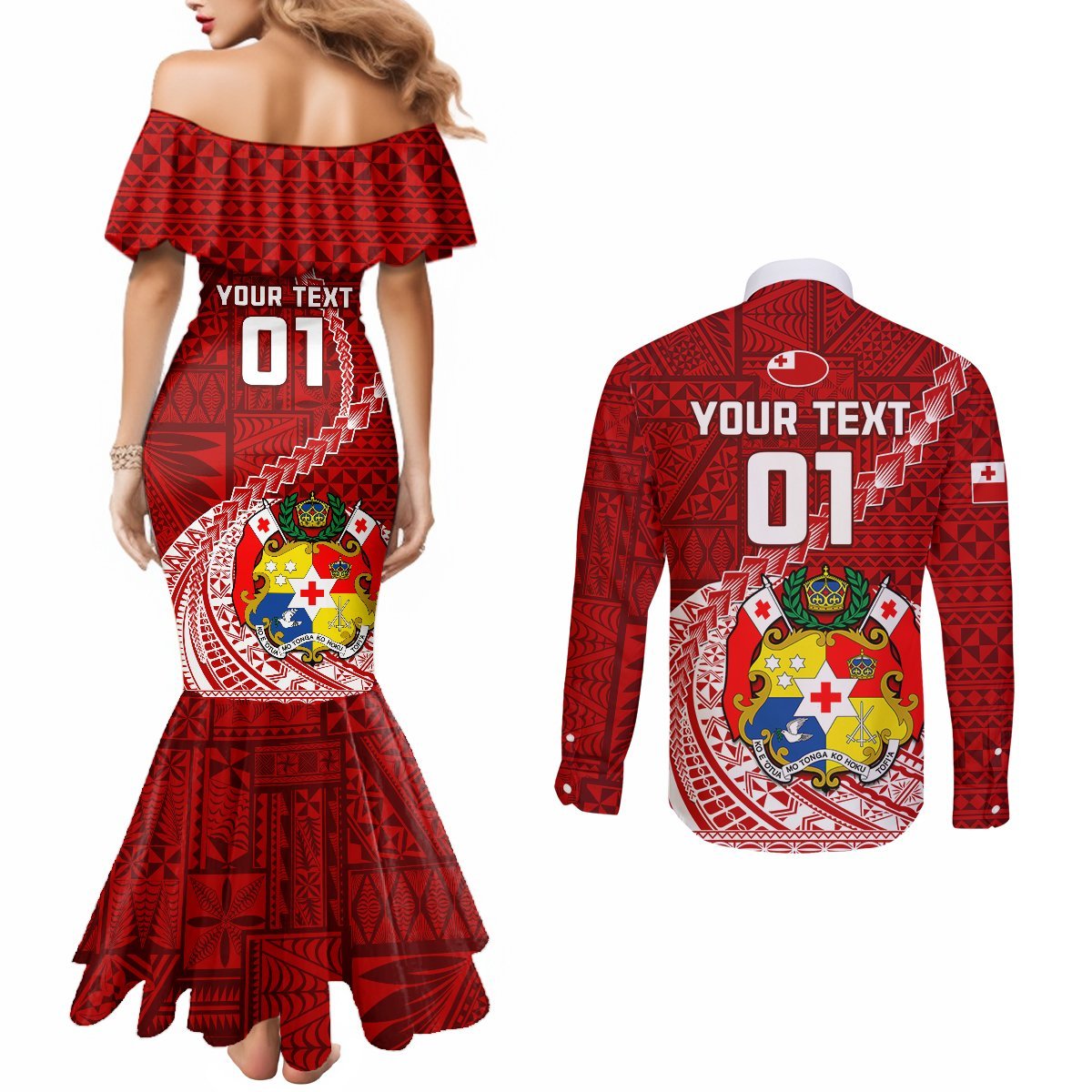 Custom Tonga Rugby Couples Matching Mermaid Dress and Long Sleeve Button Shirts Tongan Ngatu Pattern White Version LT01 - Polynesian Pride