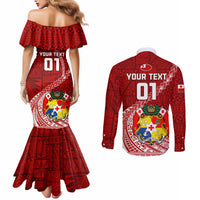 Custom Tonga Rugby Couples Matching Mermaid Dress and Long Sleeve Button Shirts Tongan Ngatu Pattern White Version LT01 - Polynesian Pride