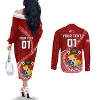 Custom Tonga Rugby Couples Matching Off The Shoulder Long Sleeve Dress and Long Sleeve Button Shirts Tongan Ngatu Pattern White Version LT01 - Polynesian Pride