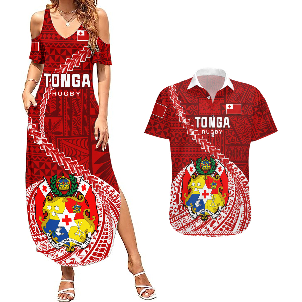 Custom Tonga Rugby Couples Matching Summer Maxi Dress and Hawaiian Shirt Tongan Ngatu Pattern White Version LT01 Red - Polynesian Pride