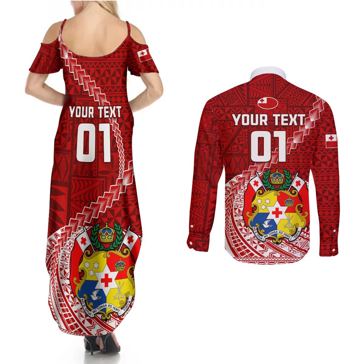 Custom Tonga Rugby Couples Matching Summer Maxi Dress and Long Sleeve Button Shirts Tongan Ngatu Pattern White Version LT01 - Polynesian Pride