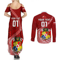 Custom Tonga Rugby Couples Matching Summer Maxi Dress and Long Sleeve Button Shirts Tongan Ngatu Pattern White Version LT01 - Polynesian Pride