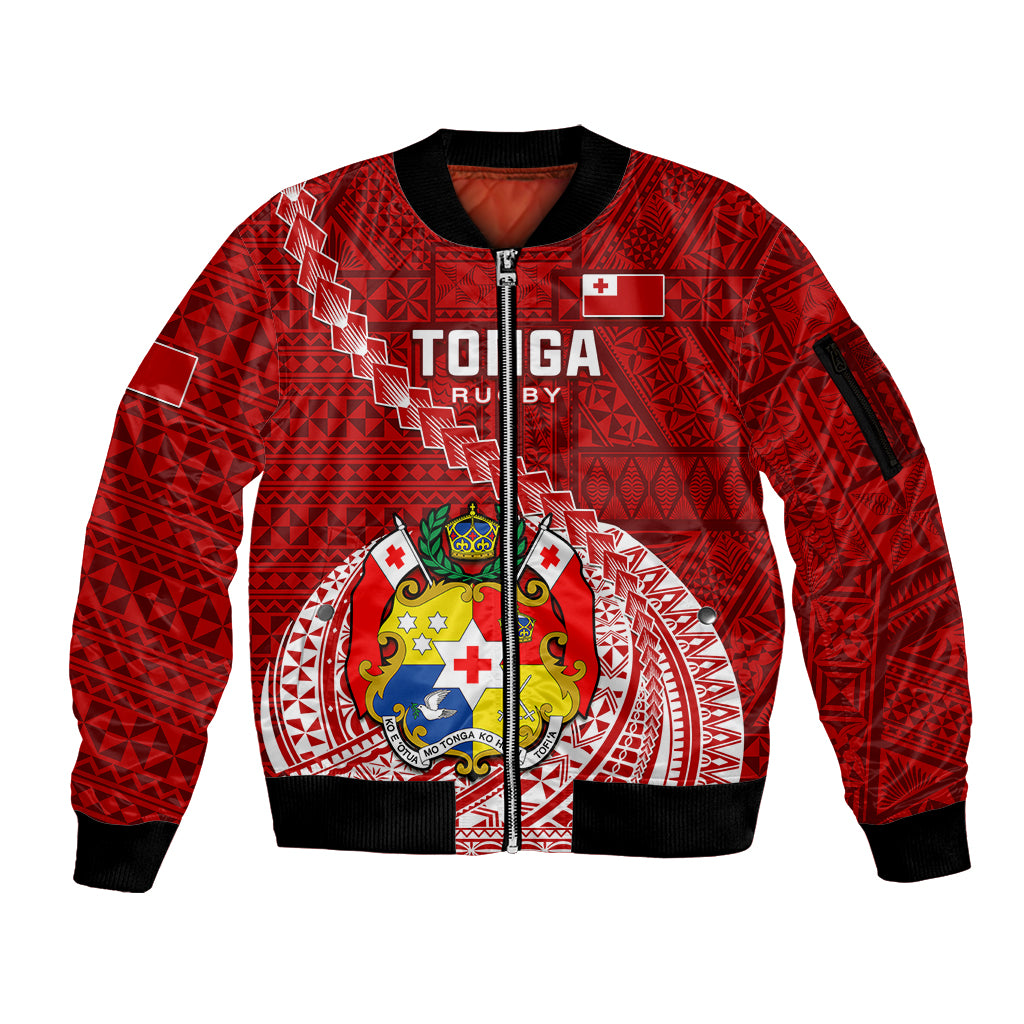 Custom Tonga Rugby Sleeve Zip Bomber Jacket Tongan Ngatu Pattern White Version LT01 Unisex Red - Polynesian Pride