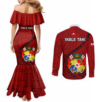 Tonga Rugby Couples Matching Mermaid Dress and Long Sleeve Button Shirts Tongan Ngatu Pattern Black Version LT01 - Polynesian Pride