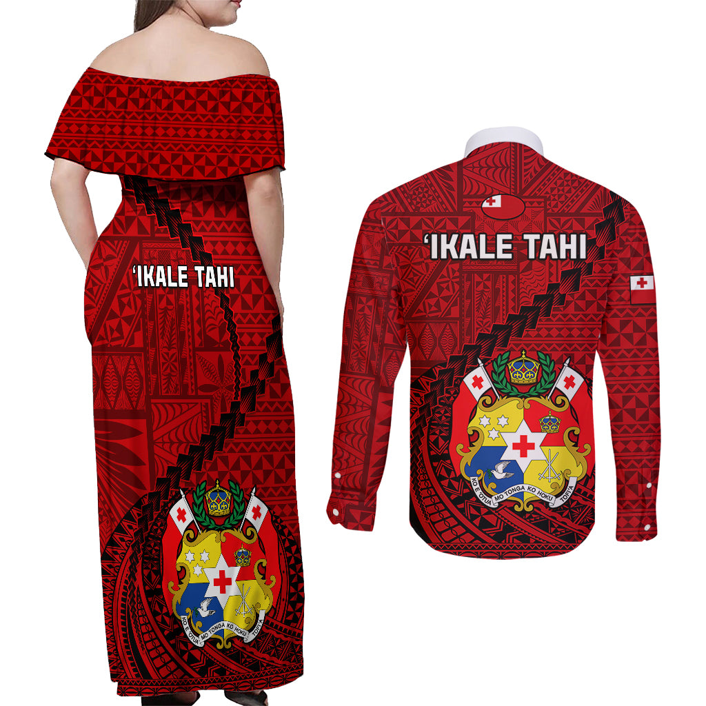 Tonga Rugby Couples Matching Off Shoulder Maxi Dress and Long Sleeve Button Shirts Tongan Ngatu Pattern Black Version LT01 - Polynesian Pride