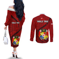 Tonga Rugby Couples Matching Off The Shoulder Long Sleeve Dress and Long Sleeve Button Shirts Tongan Ngatu Pattern Black Version LT01 - Polynesian Pride