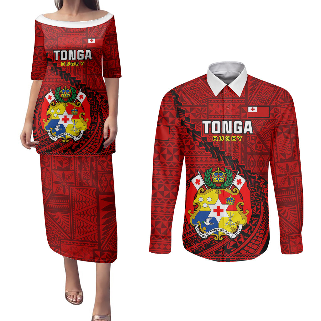 Tonga Rugby Couples Matching Puletasi Dress and Long Sleeve Button Shirts Tongan Ngatu Pattern Black Version LT01 Red - Polynesian Pride