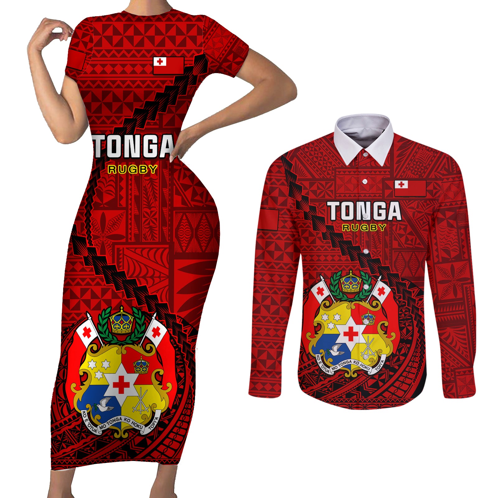 Tonga Rugby Couples Matching Short Sleeve Bodycon Dress and Long Sleeve Button Shirts Tongan Ngatu Pattern Black Version LT01 Red - Polynesian Pride