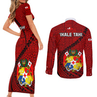 Tonga Rugby Couples Matching Short Sleeve Bodycon Dress and Long Sleeve Button Shirts Tongan Ngatu Pattern Black Version LT01 - Polynesian Pride