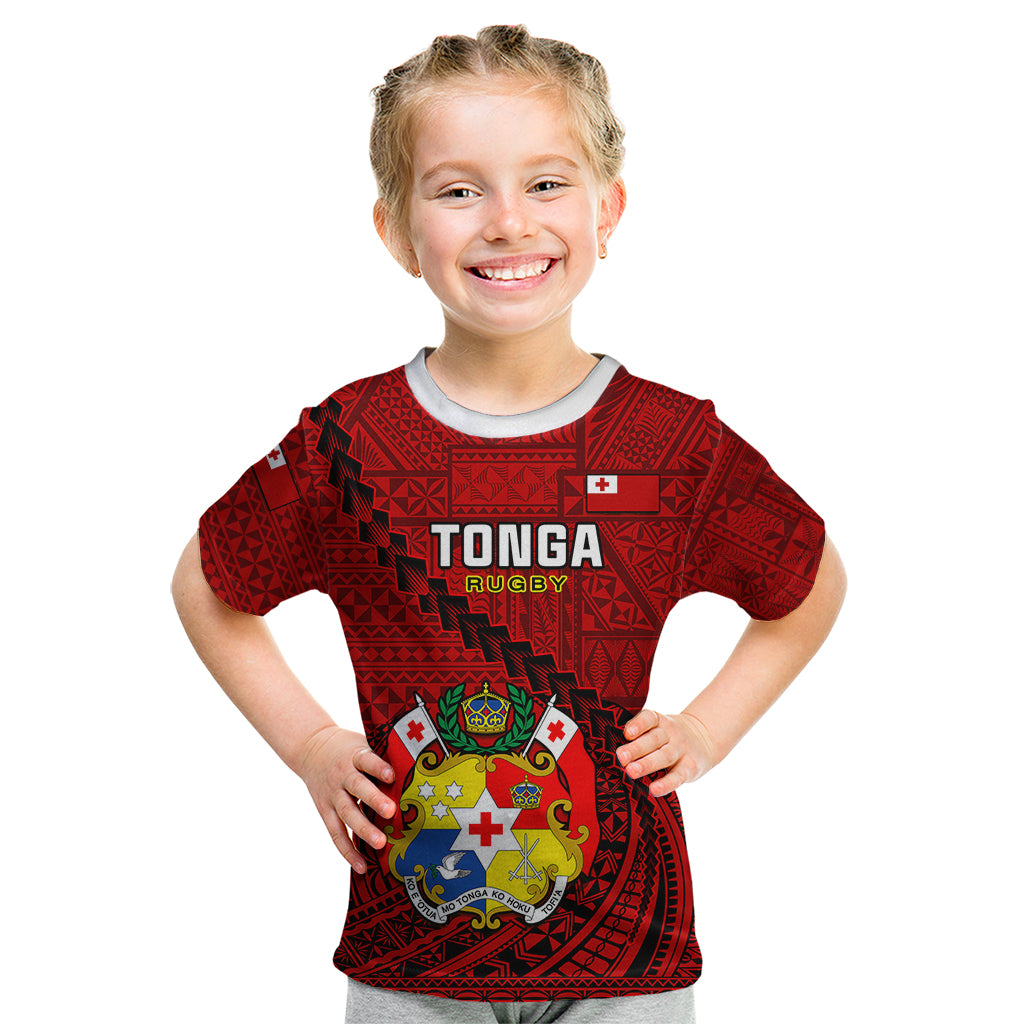 Tonga Rugby Kid T Shirt Tongan Ngatu Pattern Black Version LT01 Red - Polynesian Pride