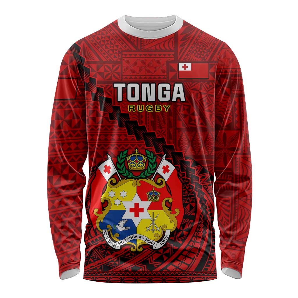 Tonga Rugby Long Sleeve Shirt Tongan Ngatu Pattern Black Version LT01