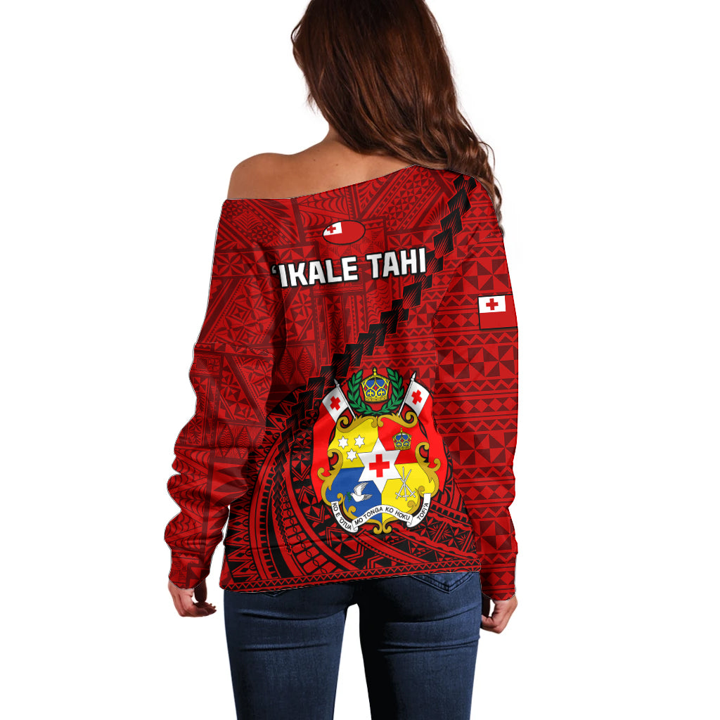 Tonga Rugby Off Shoulder Sweater Tongan Ngatu Pattern Black Version LT01 - Polynesian Pride