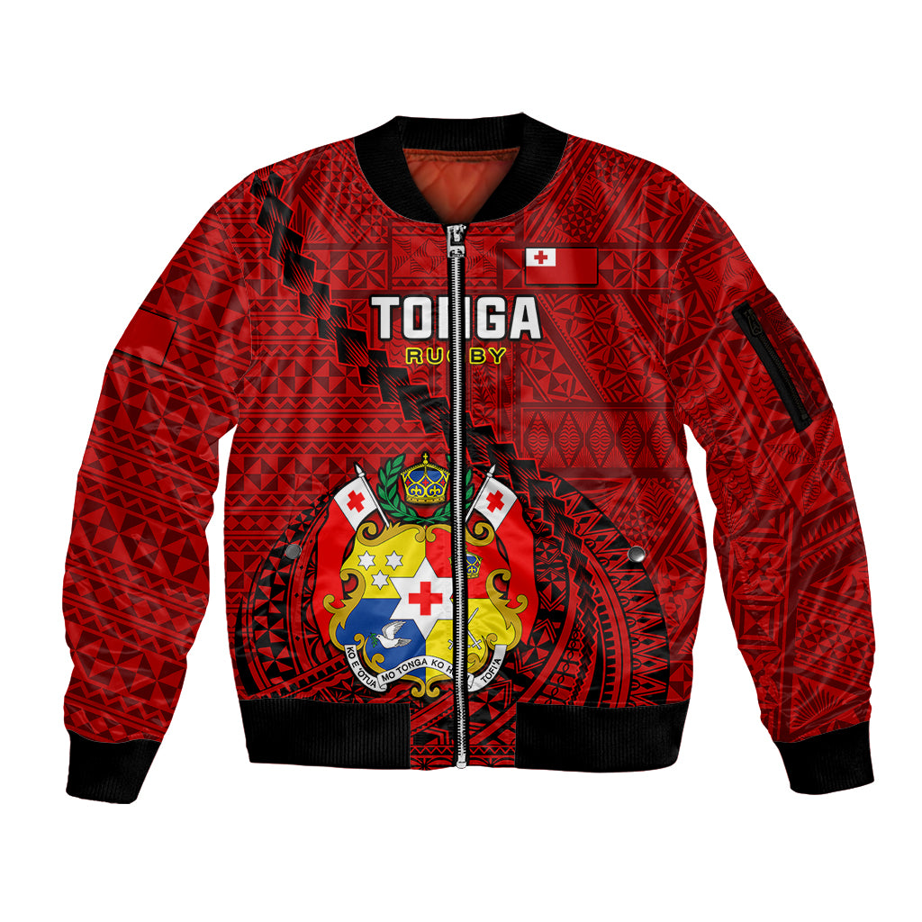 Tonga Rugby Sleeve Zip Bomber Jacket Tongan Ngatu Pattern Black Version LT01 Unisex Red - Polynesian Pride