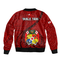 Tonga Rugby Sleeve Zip Bomber Jacket Tongan Ngatu Pattern Black Version LT01 - Polynesian Pride