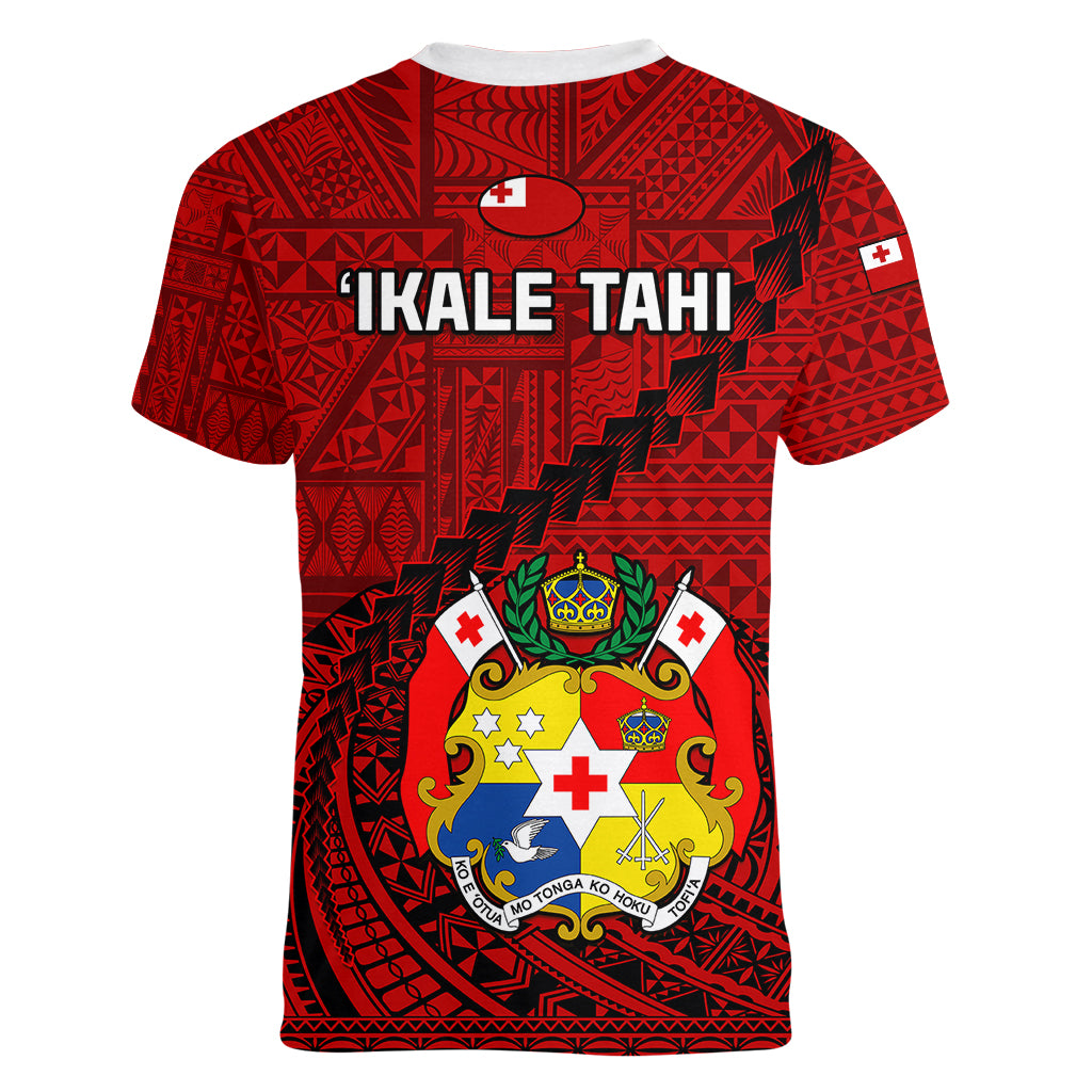 Tonga Rugby Women V Neck T Shirt Tongan Ngatu Pattern Black Version LT01 - Polynesian Pride