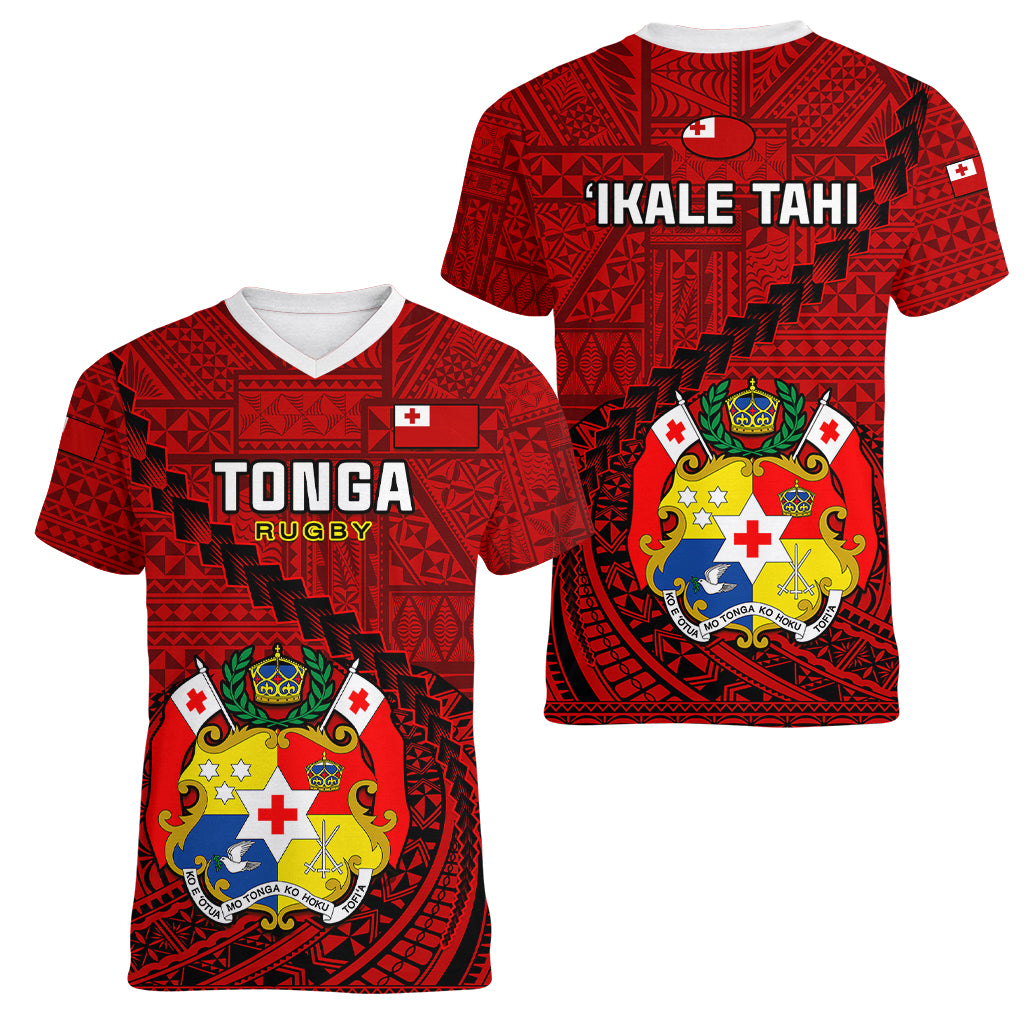 Tonga Rugby Women V Neck T Shirt Tongan Ngatu Pattern Black Version LT01 - Polynesian Pride