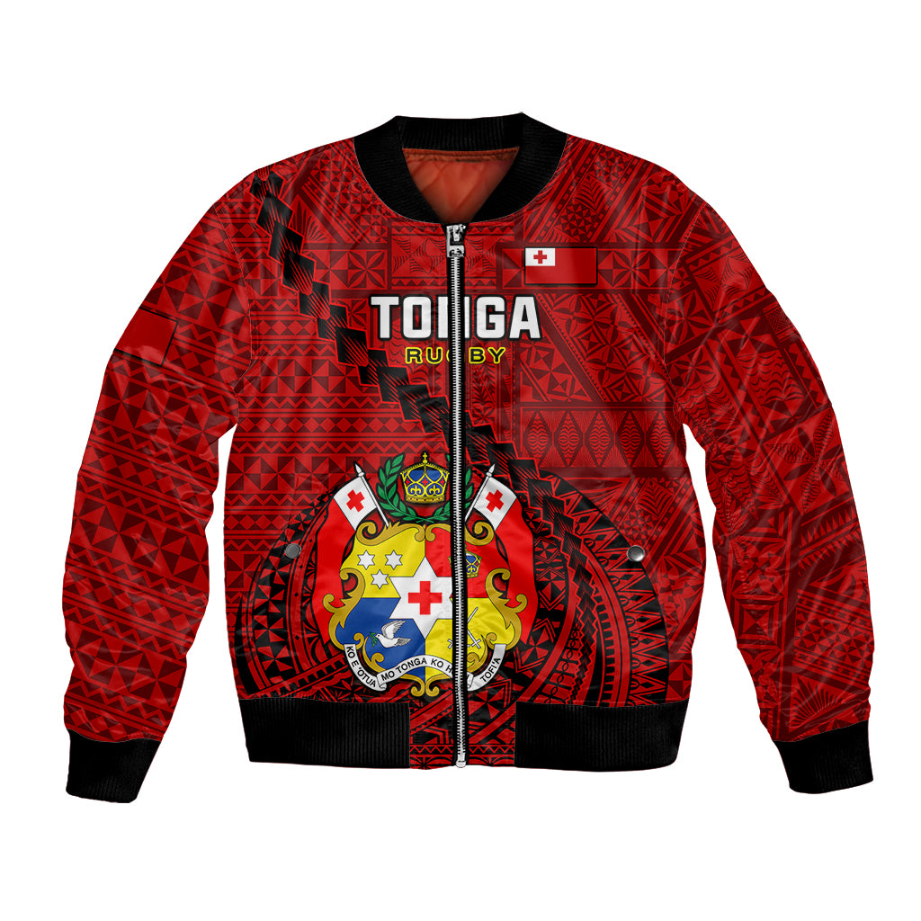 Custom Tonga Rugby Bomber Jacket Tongan Ngatu Pattern Black Version LT01 Unisex Red - Polynesian Pride
