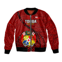 Custom Tonga Rugby Bomber Jacket Tongan Ngatu Pattern Black Version LT01 Unisex Red - Polynesian Pride